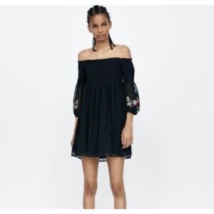 NWT Zara Little Black Dress Whimsigoth Embroidered Sleeve Sexy Shoulder Babydoll